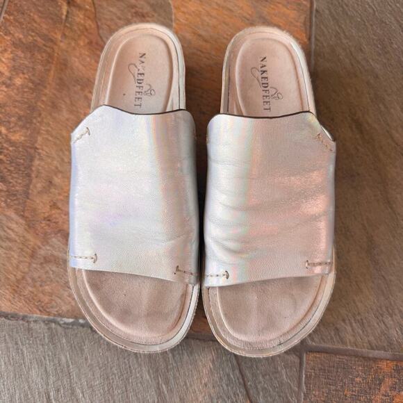 NAKED FEET Reno Platform Slide Sandal In Silver Leather iridescent 7.5 - Picture 4 of 11